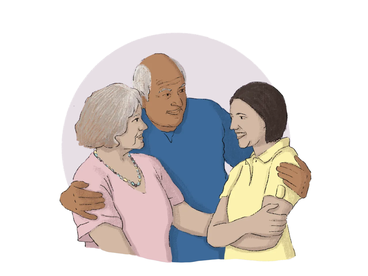 Illustration of three people embracing in a warm group hug